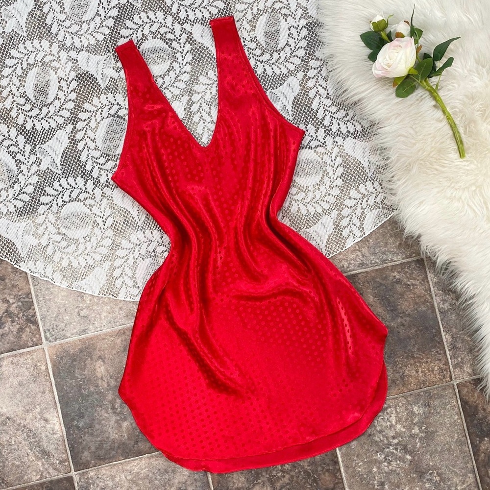 Vintage ruby red polkadot satin slip dress